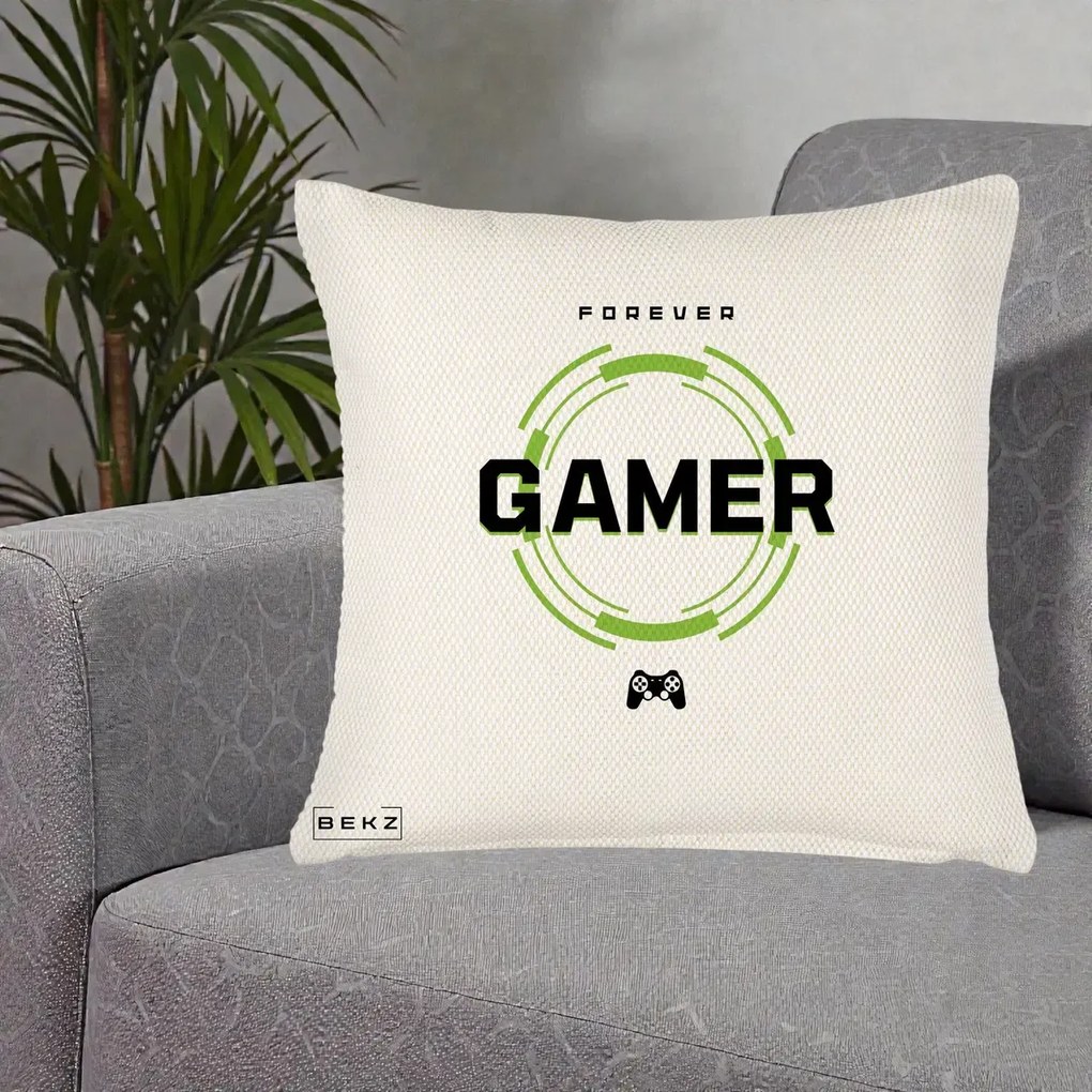 Perna Personalizata Forever Gamer, 40x40 cm, Crem Reliefat, Husa Detasabila, Perna Inclusa, BEKZ®