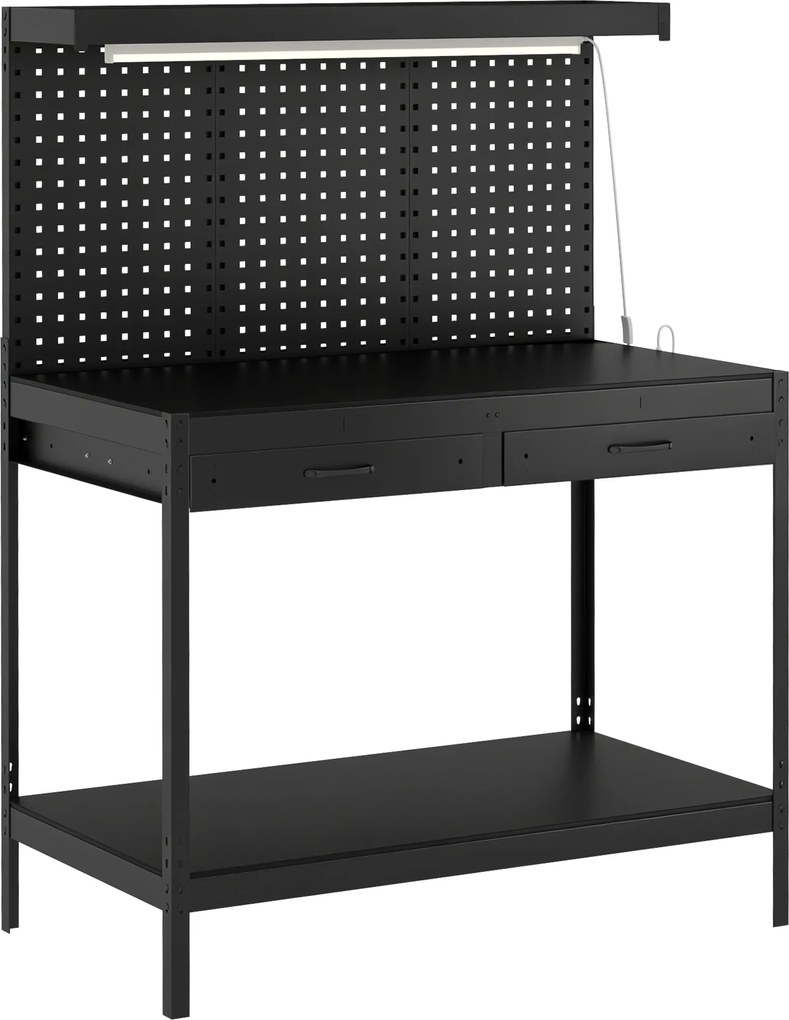 HOMCOM Banc de lucru 110 cm cu panou perforat, banc robust cu șină de prize și iluminare LED, Negru | Aosom Romania