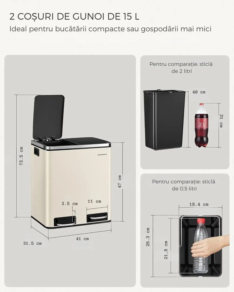 Coș pentru separarea deșeurilor SORT 30l (2×15l), bej SongmicsHome