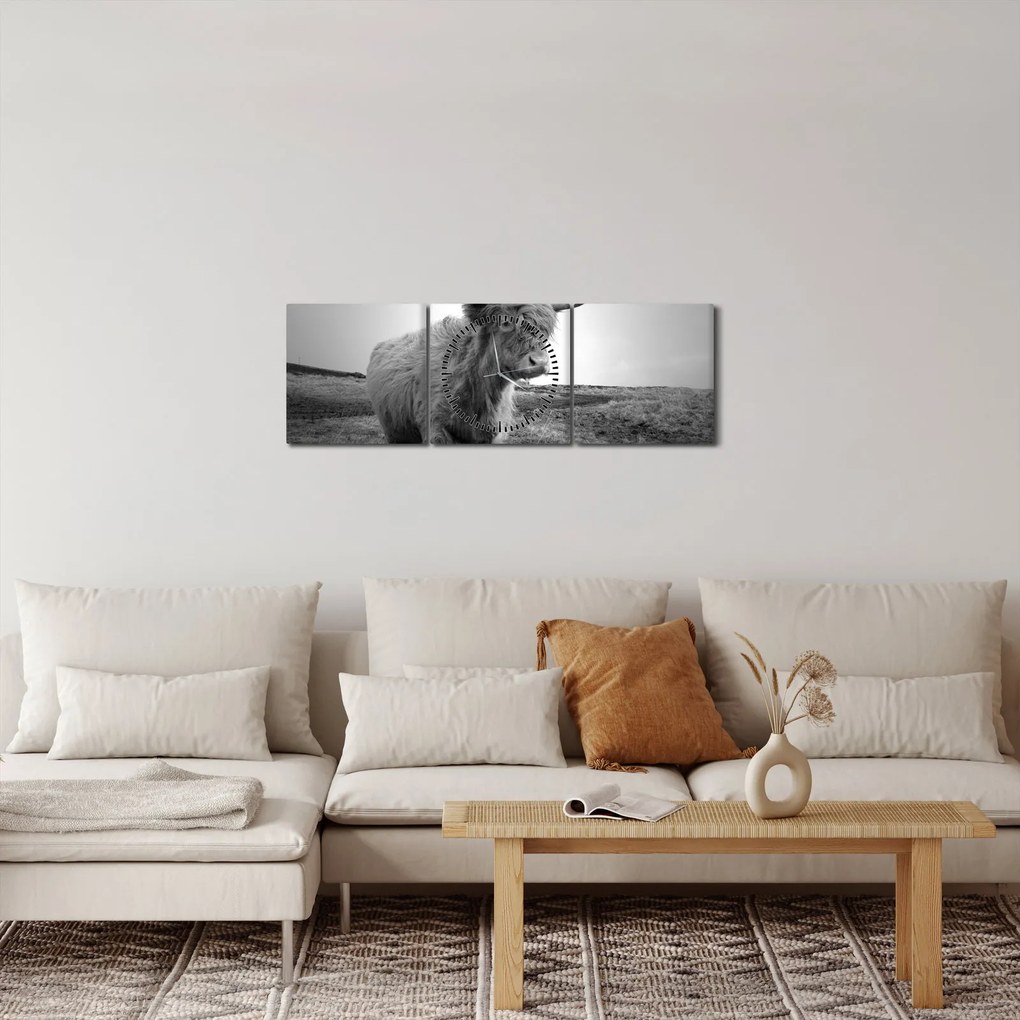 Tablou - Vacă scoțiană,alb-negru (cu ceas) (90x30 cm)