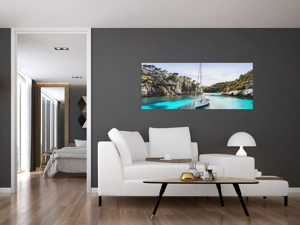 Tablou - Plajă cu barca cu pânze (120x50 cm)