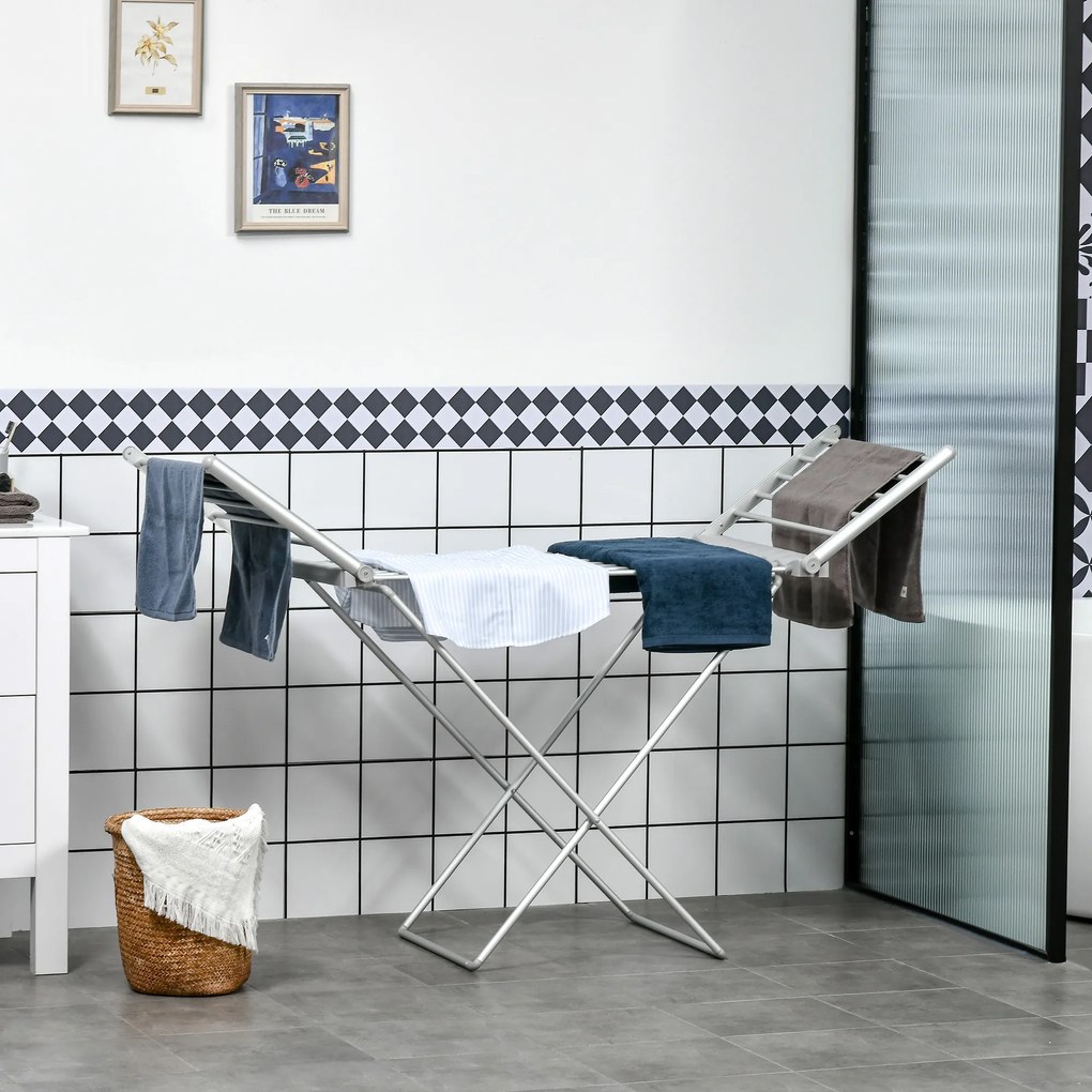 HOMCOM Uscător de Rufe Electric, Suport pentru Uscarea Rufelor cu Încălzire 45-55℃, 144x53x96 cm, Argintiu | Aosom Romania