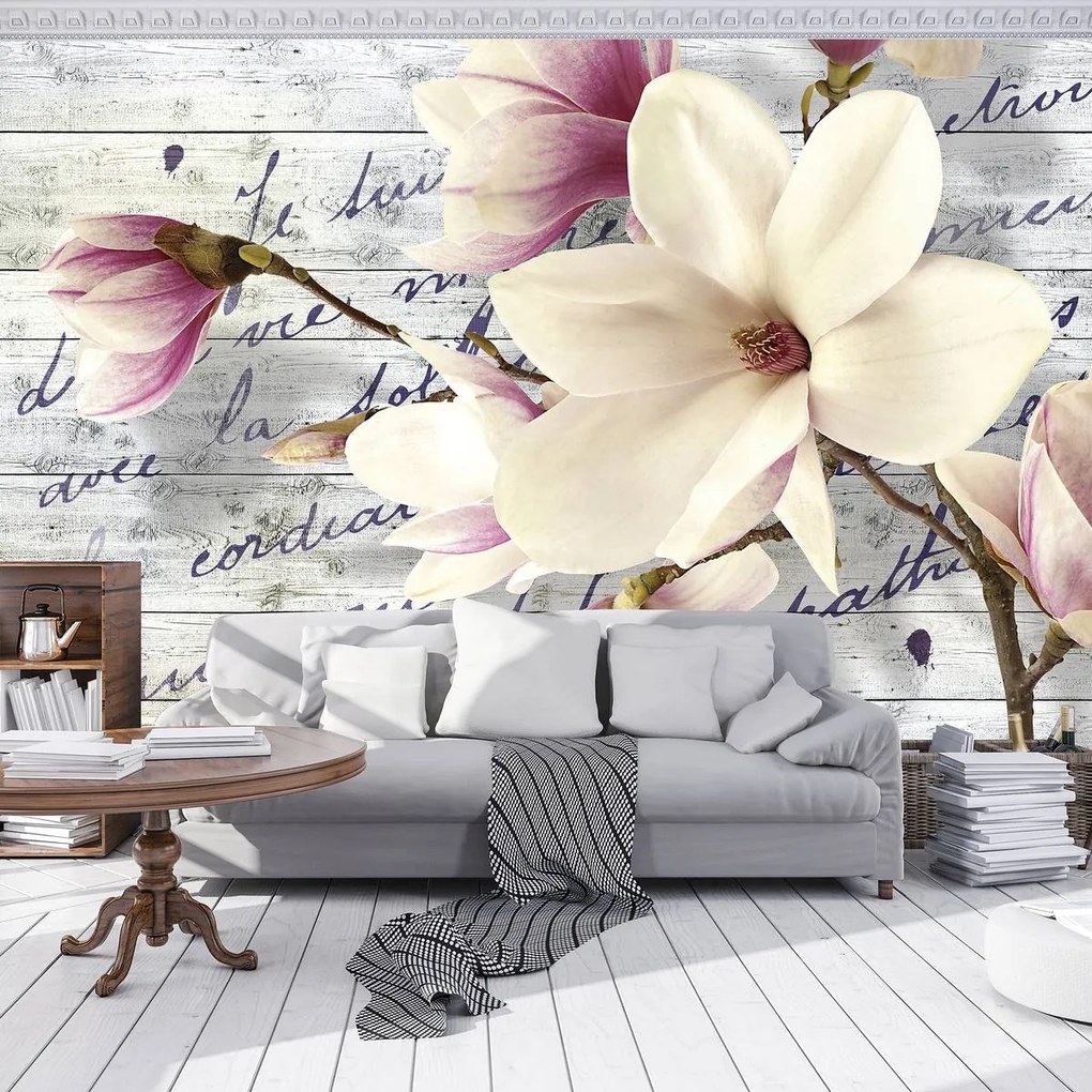 Fototapet - Magnolie pe sănduri de lemn (254x184 cm)