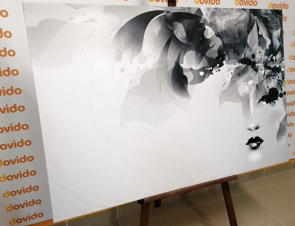 Tablou fața feminină la modă cu elemente abstracte în design alb-negru
