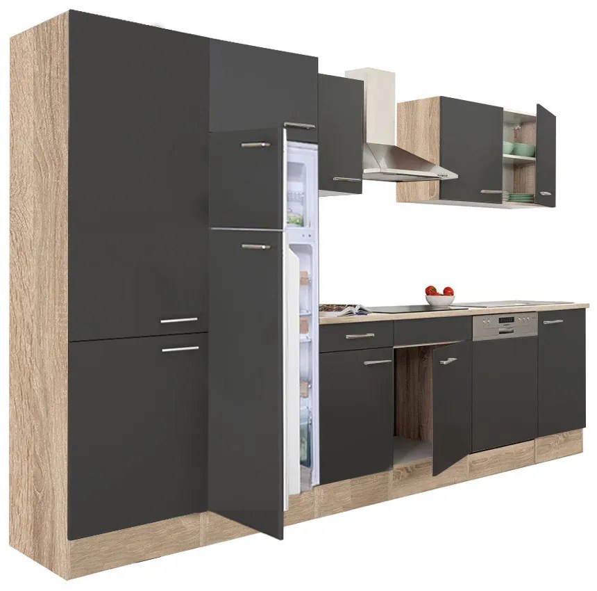 Mobilă de bucătărie Yorki 340 cu corp din stejar sonoma, față antracit satinat, dulap cu rafturi și frigider cu congelator superior