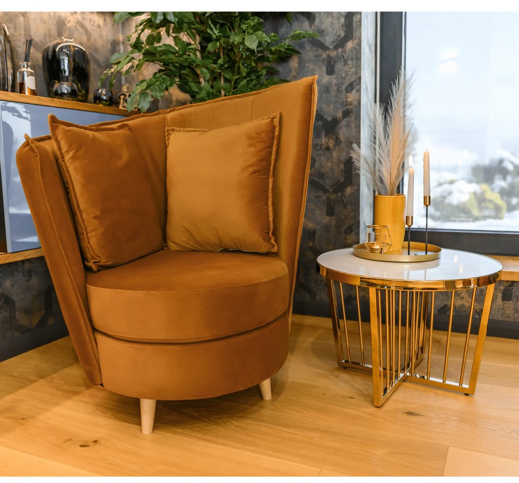 Fotoliu Art Deco, ţesătură Riviera muştar / fag, ROUND NEW