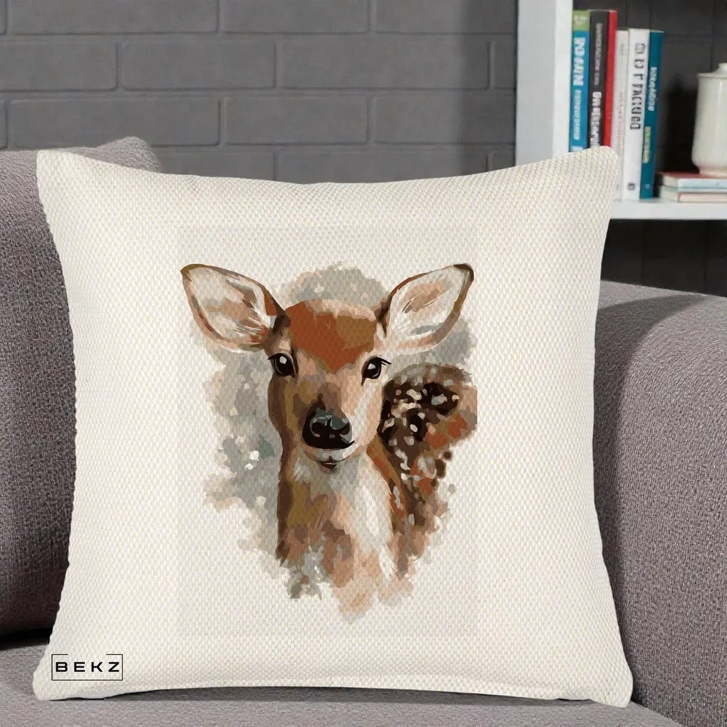 Perna Decorativa Caprioara Pui Acuarela, 40x40 cm, Crem Reliefat, Husa Detasabila, Perna Inclusa, BEKZ®