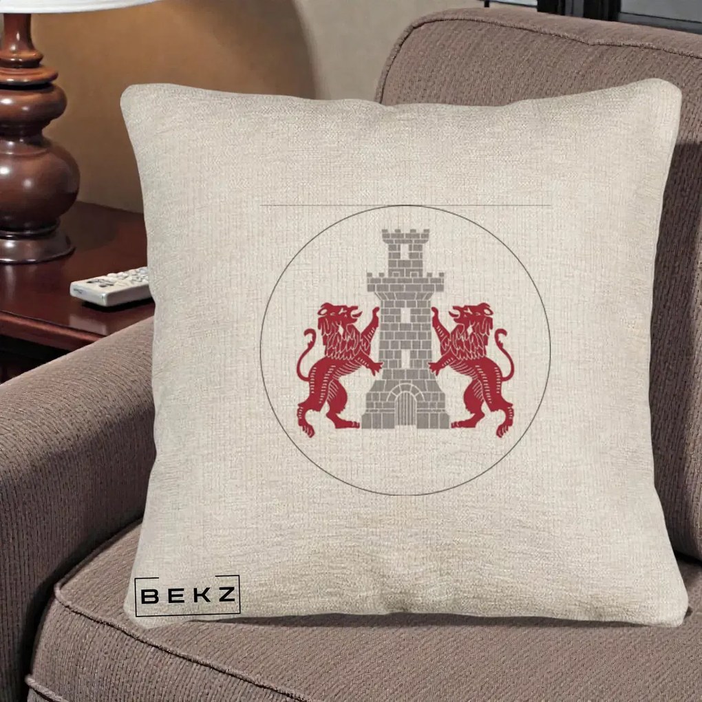 Perna Personalizata Cetatea Turnu Magurele Heraldic, 40x40 cm, Bej Canapea, Husa Detasabila, Perna Inclusa, BEKZ®