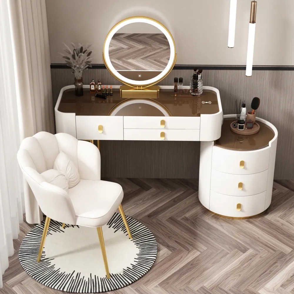 Set Lucia Premium, Masă de toaletă pentru machiaj, incarcare Wireless+USB+USB C, difuzor Bluetooth, oglindă iluminată LED, control touch, trei tipuri culoare, 6 sertare, scaun, 100 cm