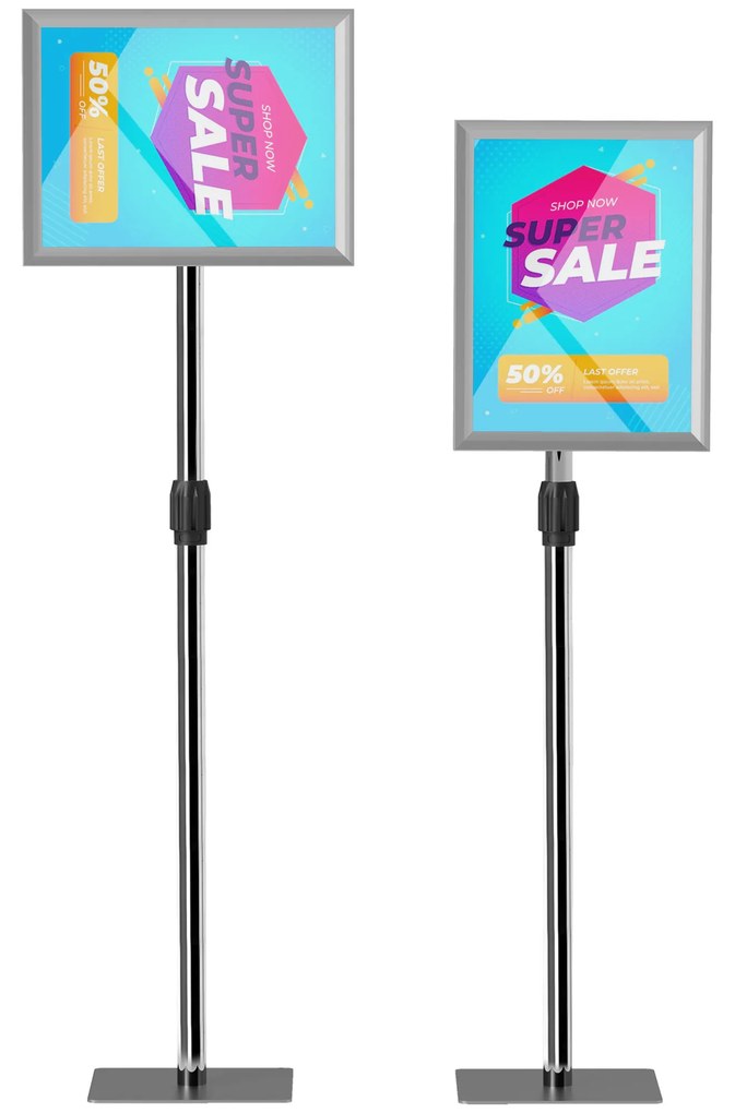 HOMCOM Suport Poster A3, Expozitor Publicitar de Podea cu Înălțime și Înclinare Reglabile, 40x30x129-135 cm, Argintiu | Aosom Romania