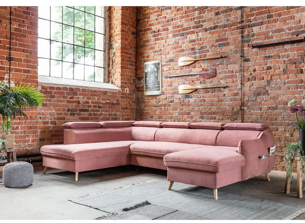 Colțar roz deschis extensibil cu tapițerie din catifea (cu colț pe partea stângă /în formă de "U") Sweet Harmony – Miuform