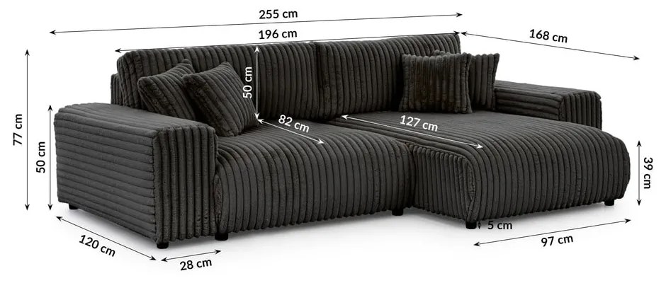 Colțar gri închis extensibil, cu spațiu de depozitare, cu tapițerie din catifea reiată (cu colț pe partea dreaptă) Sarina – Ropez