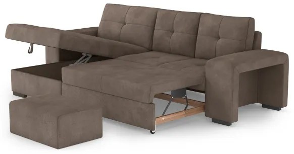 Canapea extensibilă PALERMO cu spațiu de depozitare și taburet, maro, orientare stânga