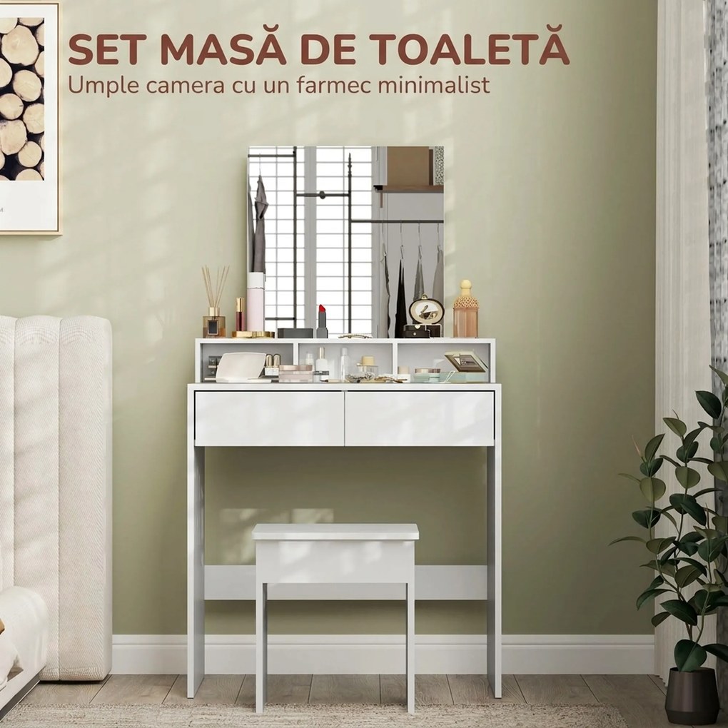 HOMCOM Masă de Toaletă cu Taburet, Masă de Machiaj cu Oglindă, 3 Rafturi, 2 Sertare, din Lemn, 75x38x135 cm, Alb | Aosom Romania