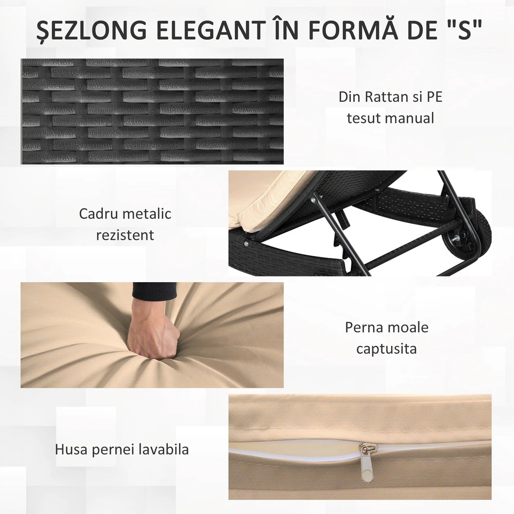 Outsunny Șezlong de Grădină din Ratan PE Negru cu Spătar Reglabil și Pernă Captușită pentru Relaxare Optimală 207x70x70cm | Aosom Romania