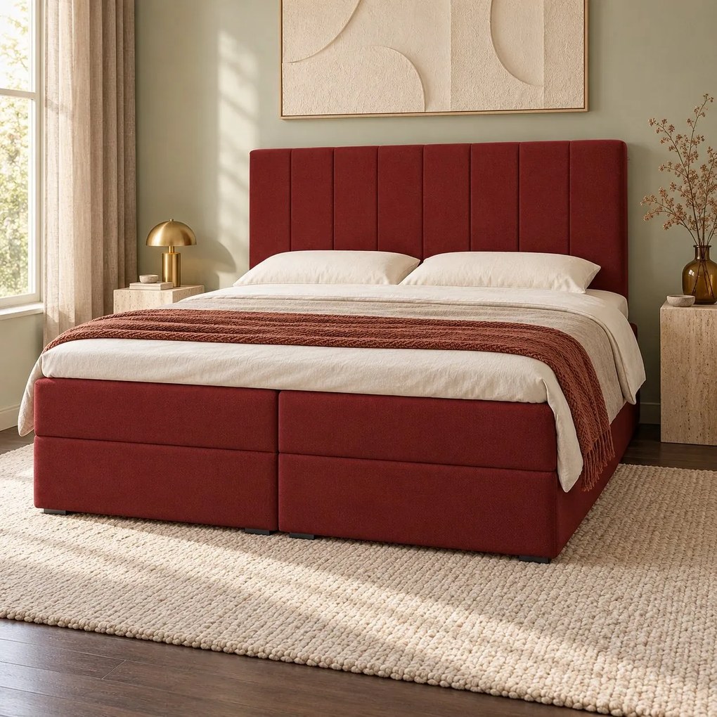 Pat boxspring din catifea Novella cu ladă 140×200 cm, roșu