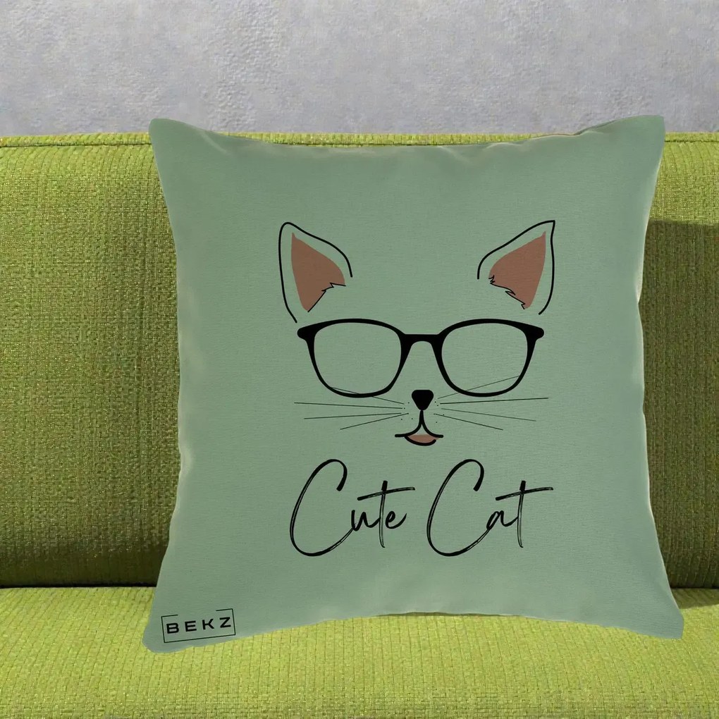 Perna Personalizata Cute Cat cu Ochelari, 40x40 cm, Verde, Husa Detasabila, Perna Inclusa, BEKZ®