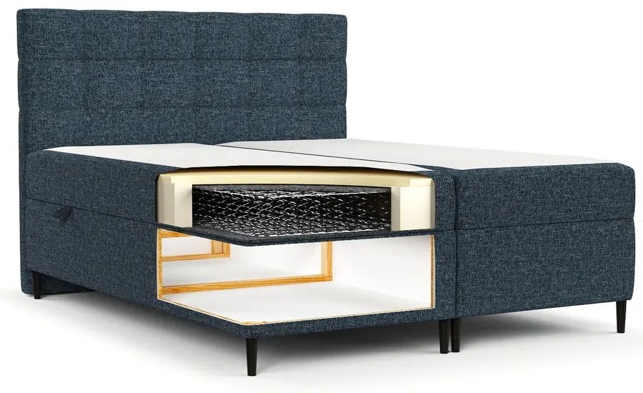 Pat boxspring albastru închis cu spațiu de depozitare 200x200 cm Urbaneo – Maison de Rêve