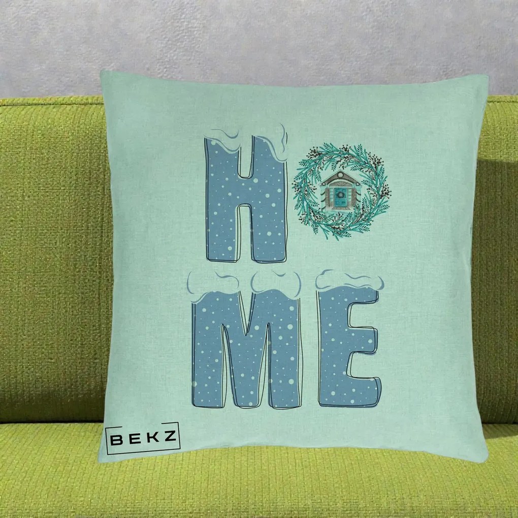 Perna Decorativa HOME Iarna cu Coroana, 40x40 cm, Verde Menta, Husa Detasabila, Perna Inclusa, BEKZ®