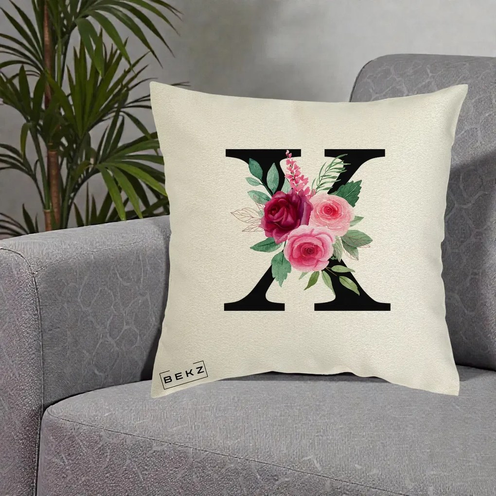 Cadou Personalizat - Perna Personalizata Monograma Florala Litera X cu Buchet, 40x40 cm, Ecru, Husa Detasabila, Perna Inclusa, BEKZ®