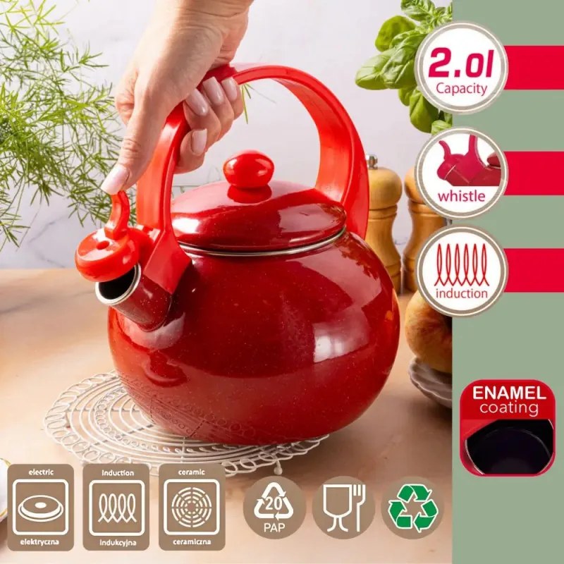 Ceainic cu fluier Kinghoff KH 2080, 2 l, interior emailat, compatibil cu plitele cu inducție, roșu