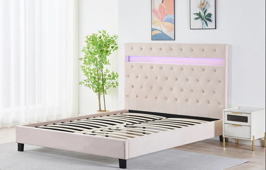 Pat Tapitat Catifea cu Iluminare LED, Somiera si Saltea Inclusa ,   Bej 160x200 cm   Cod FB-18