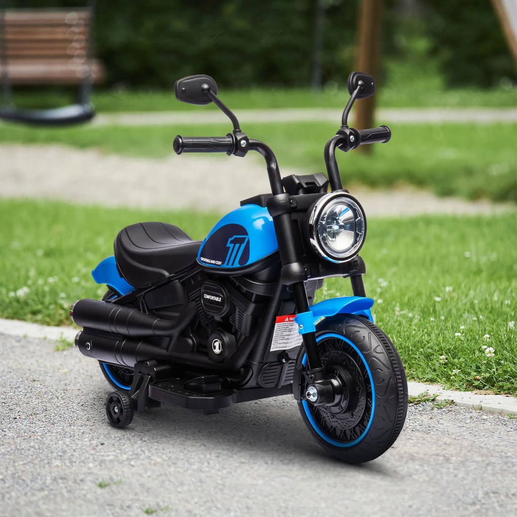 Motocileta Electrica de 6V, Roti de Antrenament, Baterii, un Singur Buton de Pornire, Pedala, Far, 18-36 luni, Albastru HOMCOM | Aosom Romania