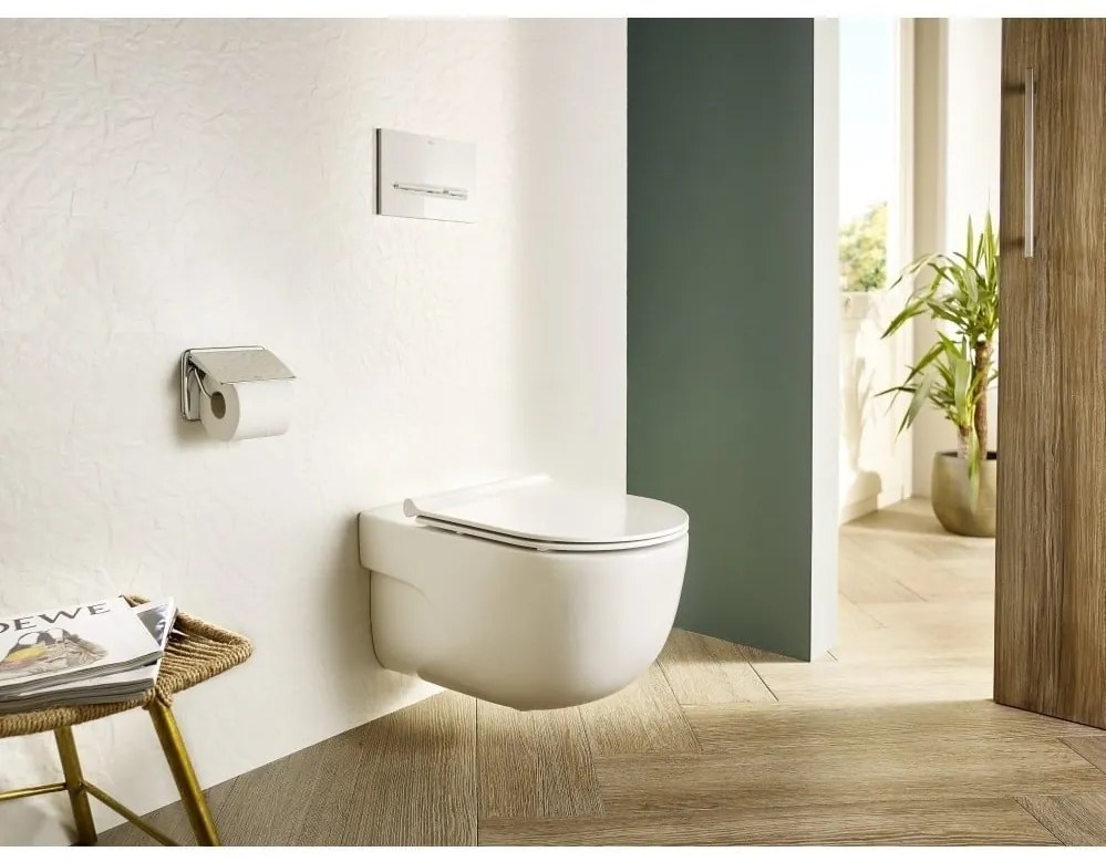 Set promo Vas WC suspendat cu capac soft close Roca Meridian Rimless 36x56 cm evacuare orizontala