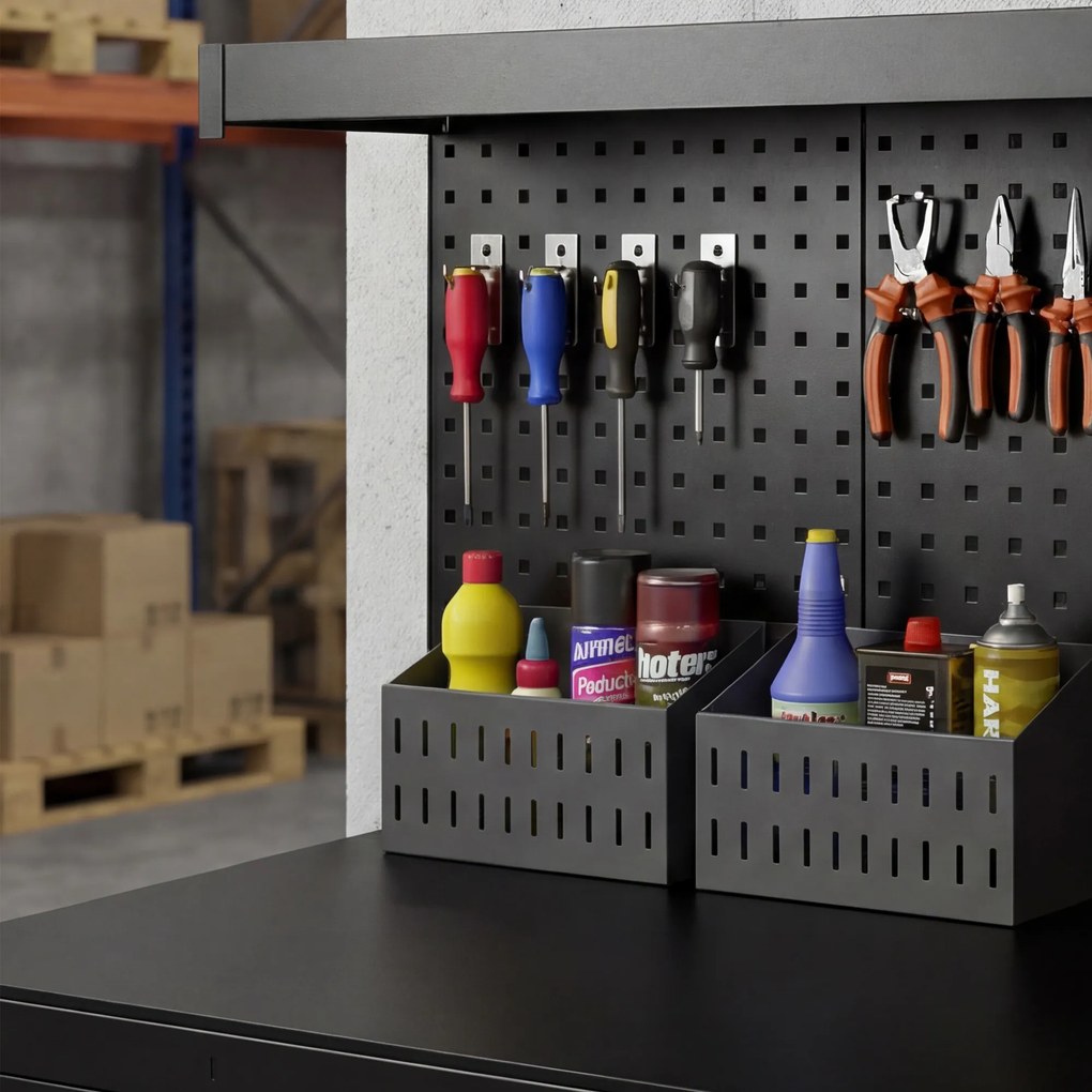 HOMCOM Banc de lucru cu rafturi reglabile, stație de lucru robustă cu panou perforat și 2 sertare, 122 x 61 x 156 cm, Negru | Aosom Romania