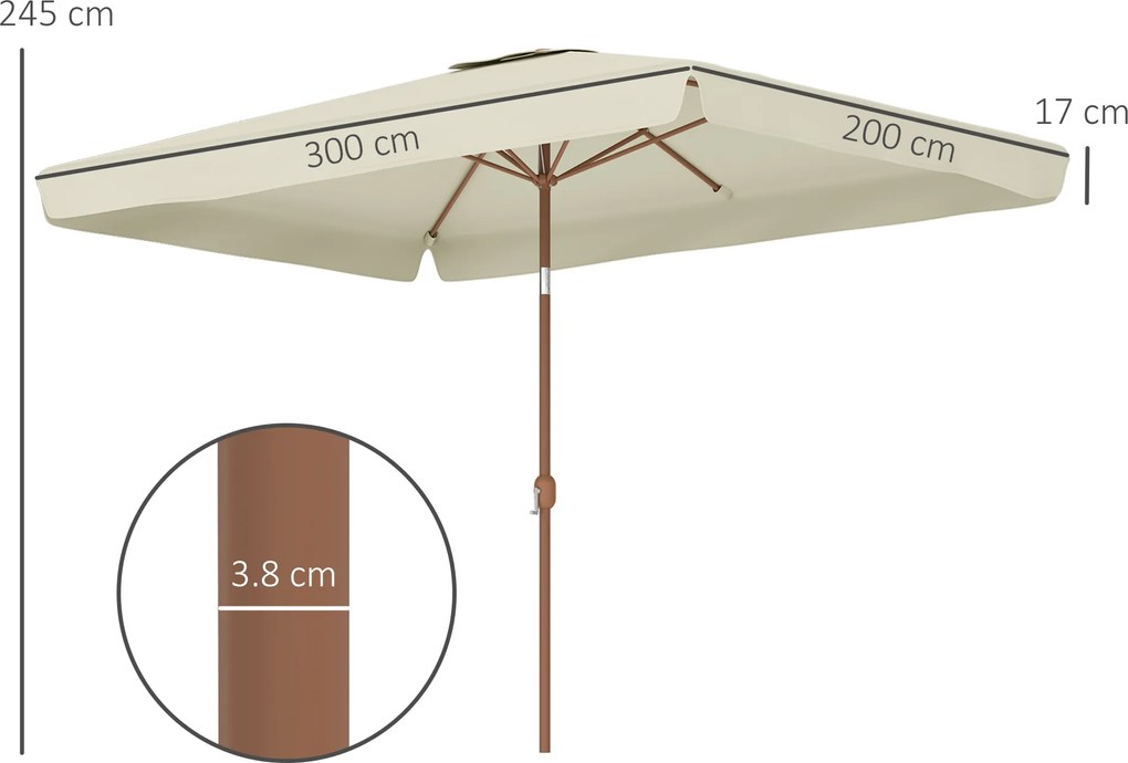 Outsunny Umbrelă de Grădină 2x3 m Înclinabilă cu Deschidere cu Manivelă, Ventilare și Margini Plisate, Anti UV 50+, Aluminiu și Poliester 180 g/㎡, Bej | Aosom Romania