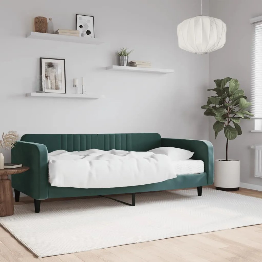 3197048 vidaXL Pat de zi cu saltea, verde închis, 100x200 cm, catifea
