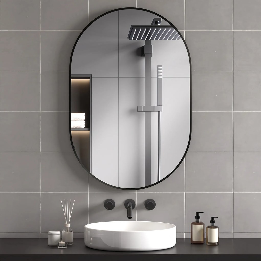 HOMCOM Oglindă pentru Baie cu Ramă din Aluminiu, 40x70 cm, Negru | Aosom Romania