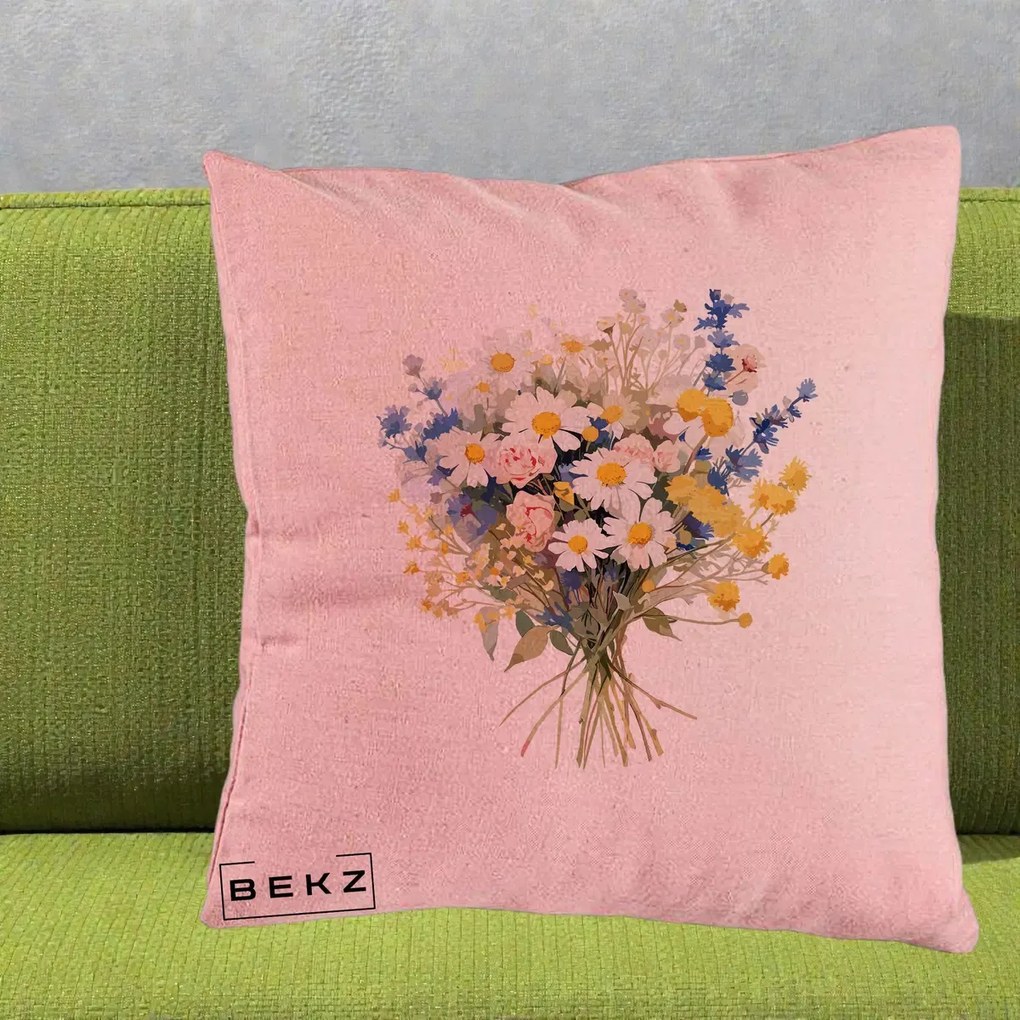 Perna Decorativa Buchet Camp Acuarela Margarete-Lavanda, 40x40 cm, Roz, Husa Detasabila, Perna Inclusa, BEKZ®