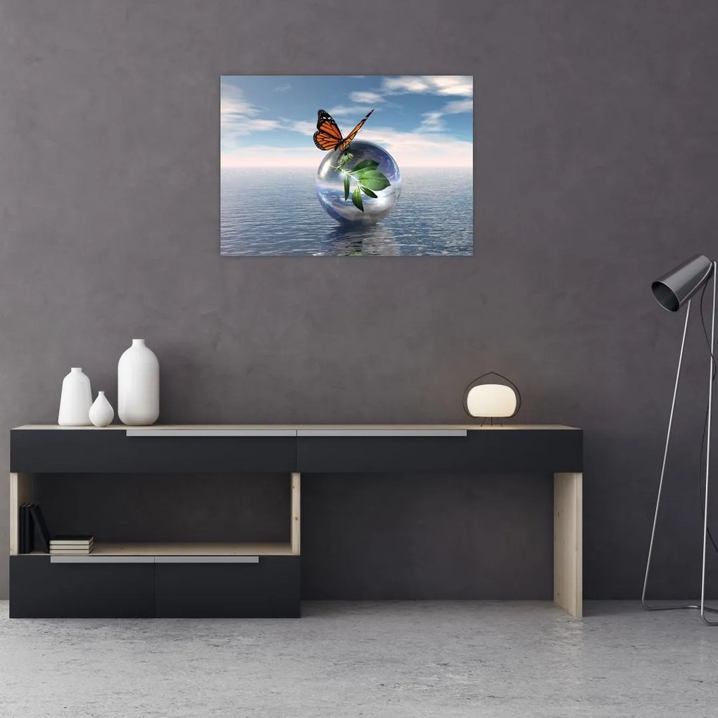 Tablou cu fluture pe bilă din sticlă (70x50 cm)