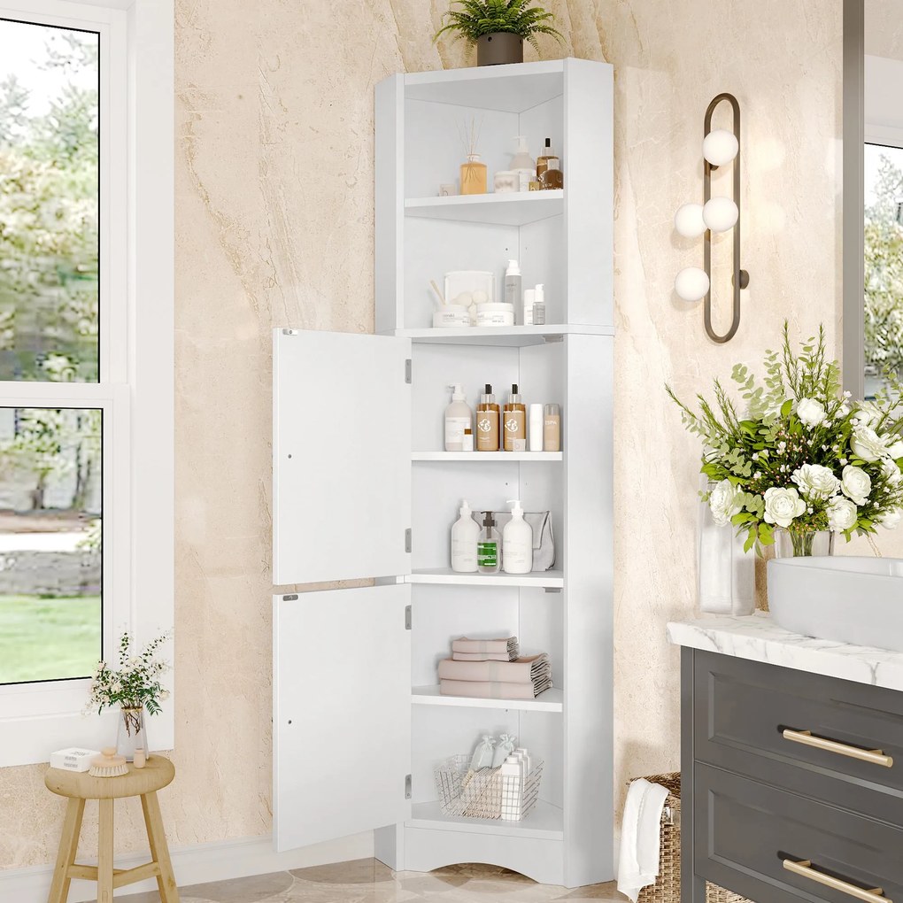 Dulap de baie triunghiular cu două rafturi deschise, pereți despărțitori reglabili, 51,7x32x155,4 cm, Alb