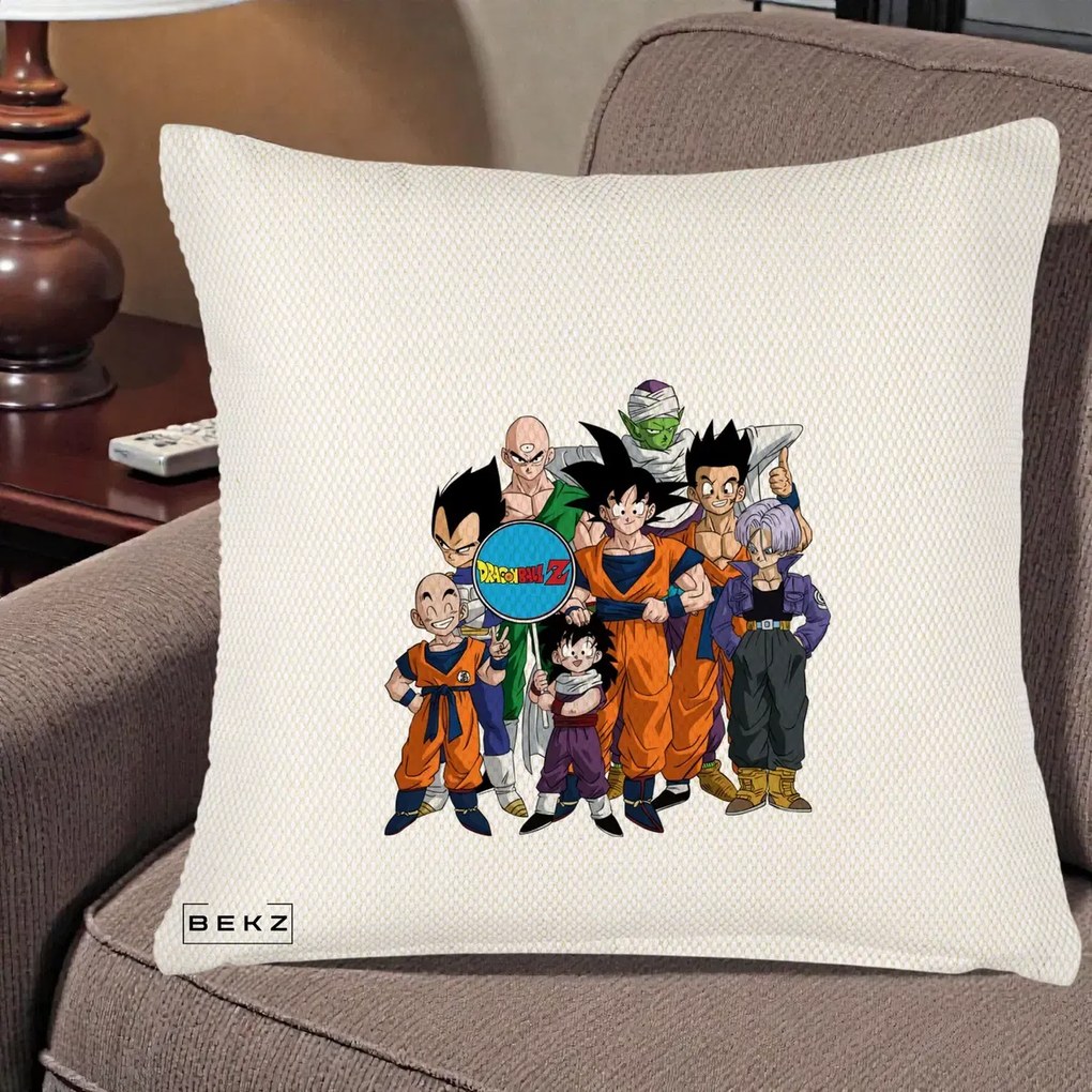 Perna Personalizata Dragon Ball Z Grup Complet, 40x40 cm, Crem Reliefat, Husa Detasabila, Perna Inclusa, BEKZ®
