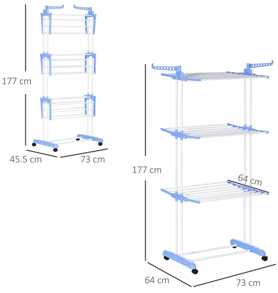 Uscator de rufe extensibil HOMCOM pe 4 niveluri cu 4 roti, din otel si pp, 73x64x177 cm, Alb si Argintiu | Aosom Romania