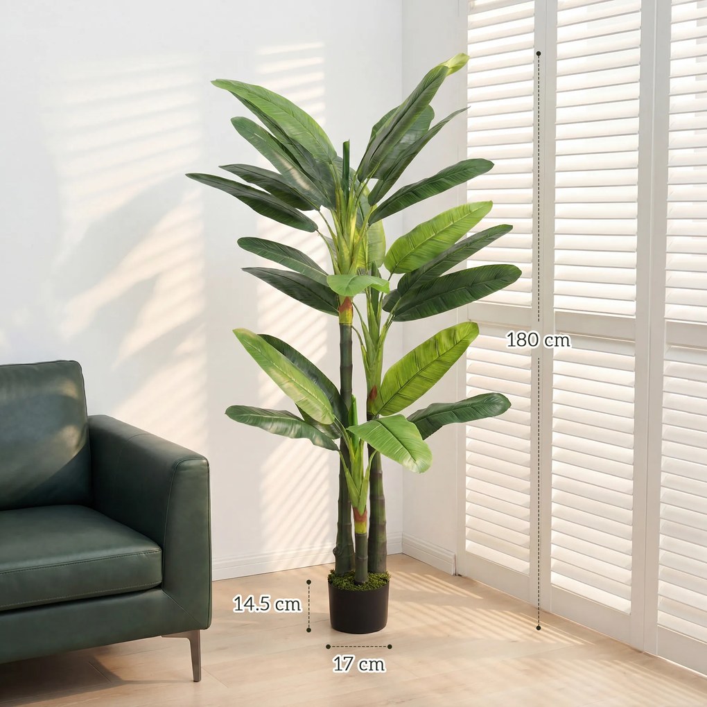 HOMCOM Arbore Artificial de Banan 180 cm cu Ghiveci, Plantă Falsă cu 18 Frunze pentru Decor Interior sau Birou, Verde | Aosom Romania