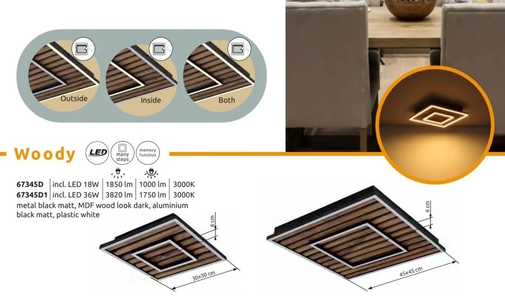 Plafoniera LED riflaj MDF cu efect de lemn WOODY 45x45cm