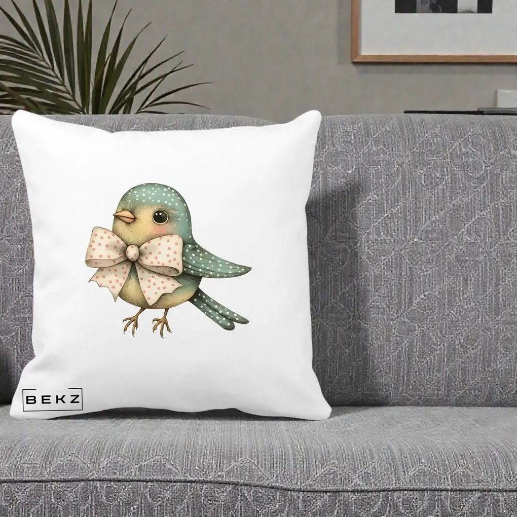 Perna Decorativa Pasare Teal cu Fundita cu Buline, 40x40 cm, Alba Mata, Husa Detasabila, Perna Inclusa, BEKZ®