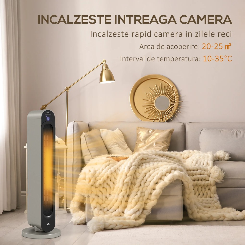 HOMCOM Incalzitor Electric Oscilant cu 3 Moduri de Incalzire, cu ventilator, Temperatura Reglabila, Telecomanda Ø25x73.5 cm, Argintiu | Aosom Romania