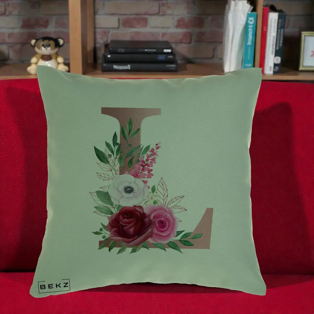 Cadou Personalizat - Perna Personalizata Monograma Rose Gold Litera L, 40x40 cm, Verde, Husa Detasabila, Perna Inclusa, BEKZ®