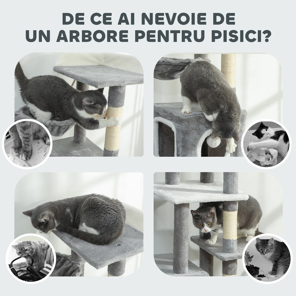 PawHut Arborele pentru Pisici cu Căsuțe, Rampe, Stinghie și 4 Mingi, Gri | Aosom Romania