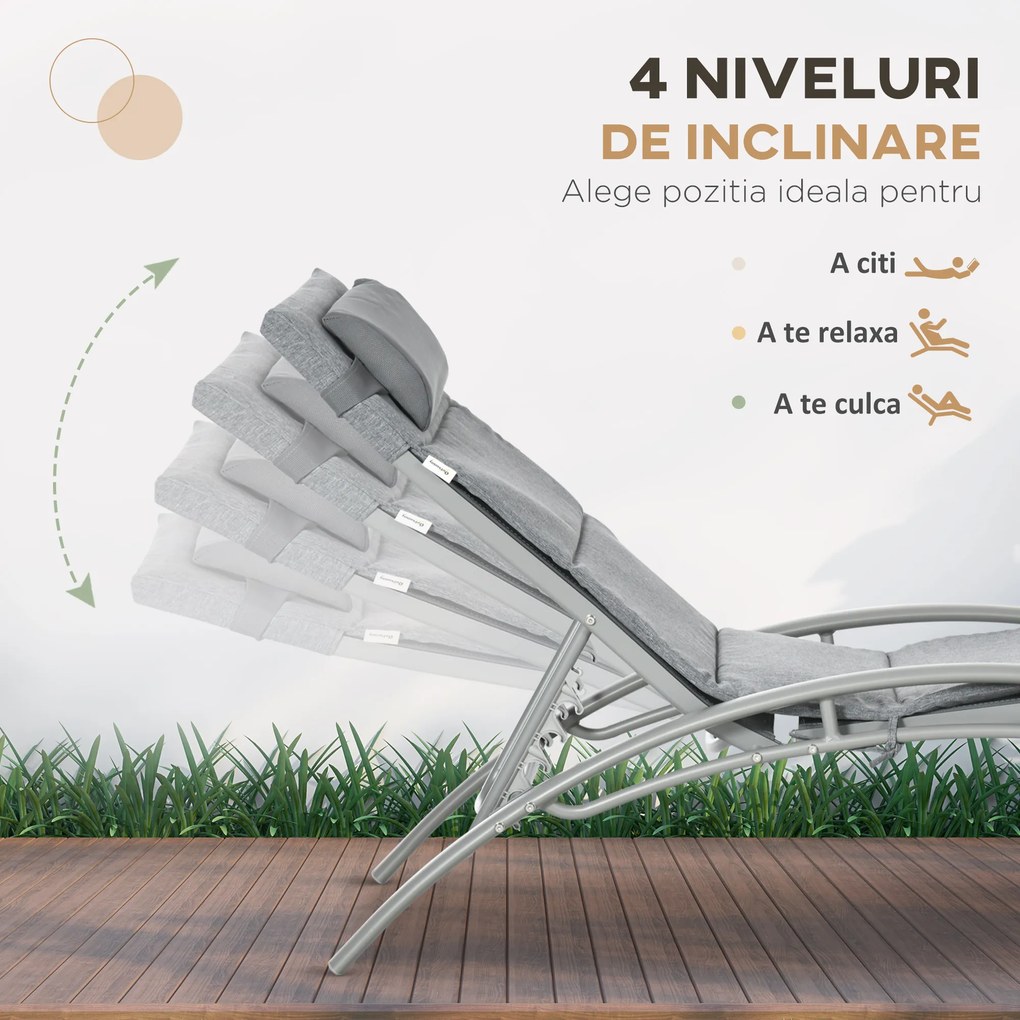 Outsunny Set de 2 Sezlonguri si Masa Pliabila cu Blat din Sticla, Sezlonguri Pliabile pe 4 Niveluri si Perna pentru Tetiera, Gri | AOSOM RO