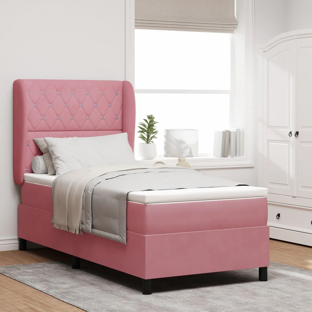 vidaXL Pat cu arcuri cu saltea cu headboard Roz 90 x 190 cm Catifea