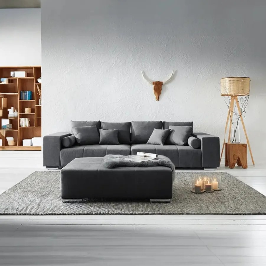 Canapea extensibilă dumonde cu ladă de depozitare si sezut confortabil din spuma high-density, Marbela Enjoy Graphite XXL 295x100 cm cu taburet inclus