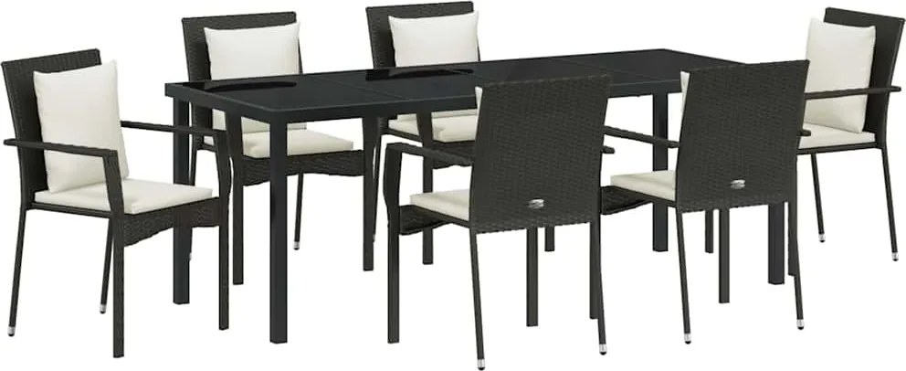 vidaXL Set de masă pentru grădină cu pernă 7 pcs Negru poliratan