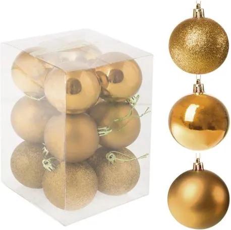 Set globuri Craciun, pentru brad, din plastic, 6cm, 12 buc, auriu