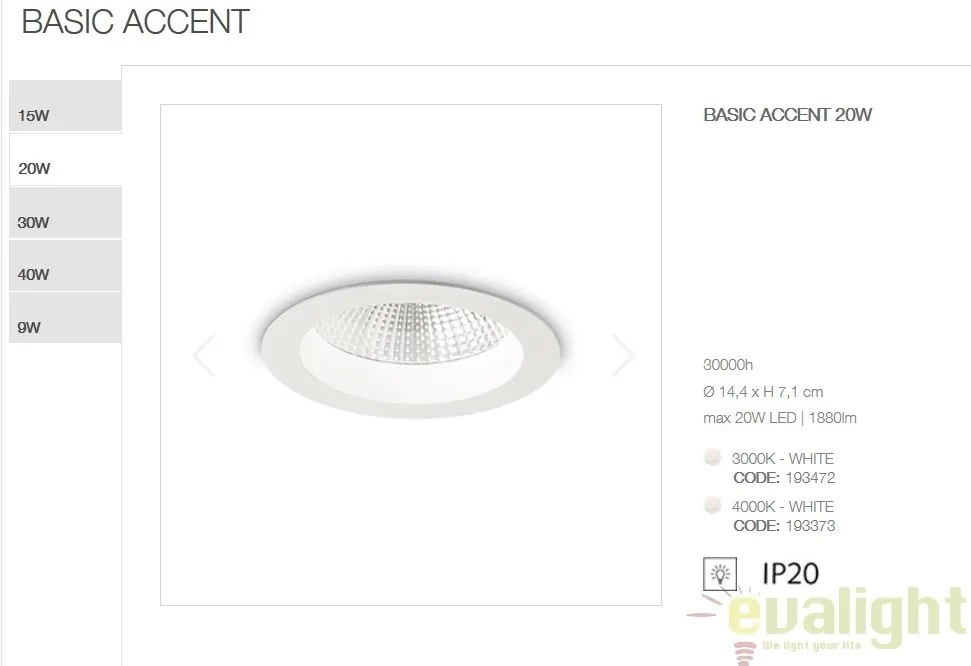 Spot LED incastrabil IP44 BASIC ACCENT 20W 3000K