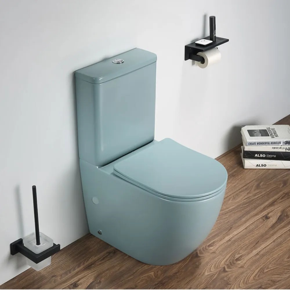 Set vas wc stativ rimless verde turcoaz mat Foglia Oslo cu rezervor si capac soft close inclus Turcoaz mat